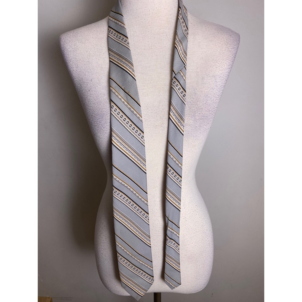 Vintage Designer Creations Mens Tie Grey Gold Navy Diagonal Stripe 60s 70s Retro